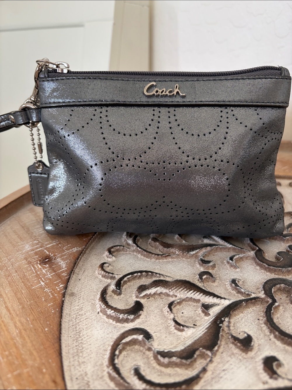 Coach Metallic Charcoal Perforated Wristlet